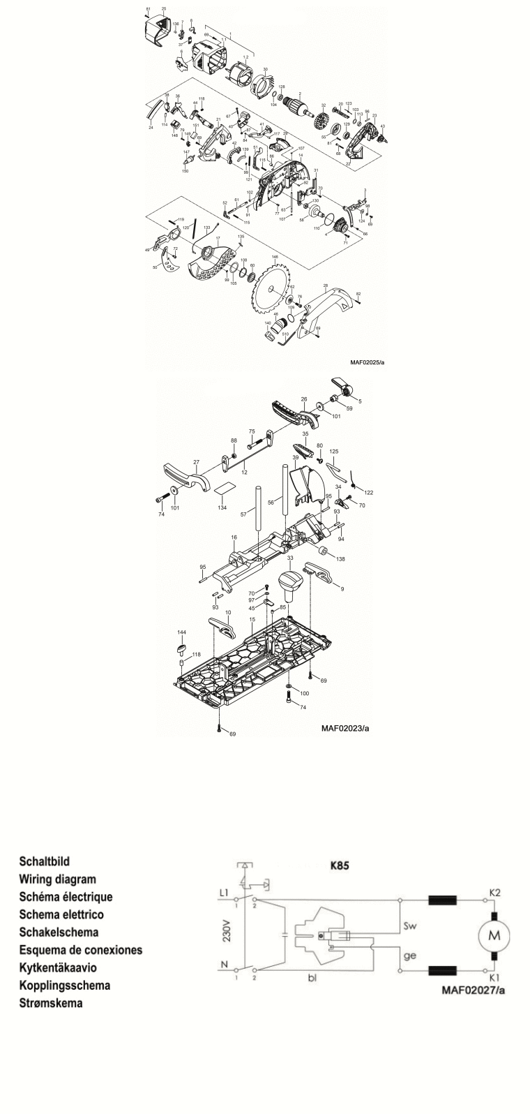 Mafell 918201 Portable Circular Saw K 85 up to machine no. 1148384 Spare Parts