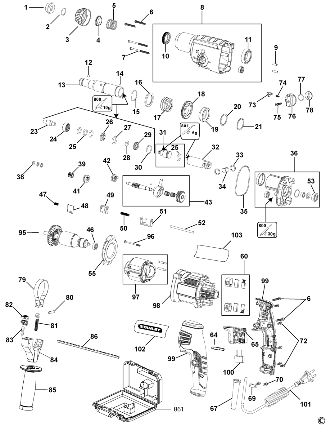 Stanley FME500 Type 1 Rotary Hammer Drill Spare Parts