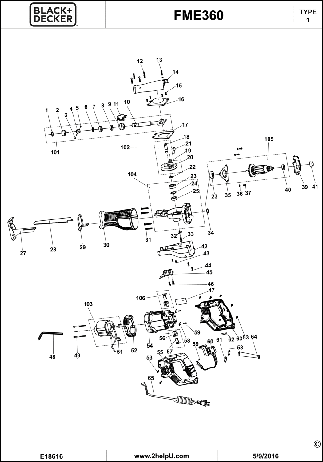 Stanley FME360 Type 1 Reciprocating Saw Spare Parts