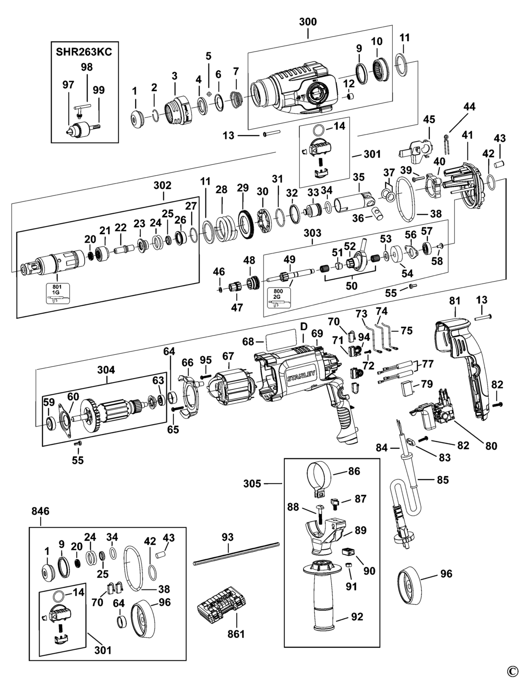 Stanley SHR263K Type 1 Rotary Hammer Spare Parts