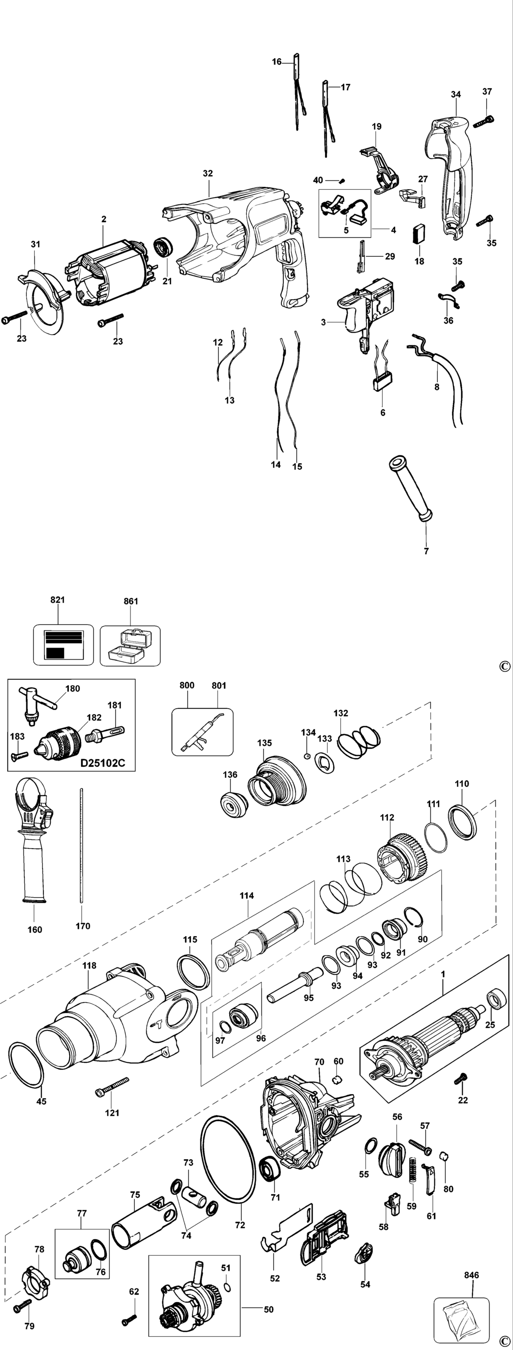 Dewalt D25102K Type 1 Rotary Hammer Spare Parts