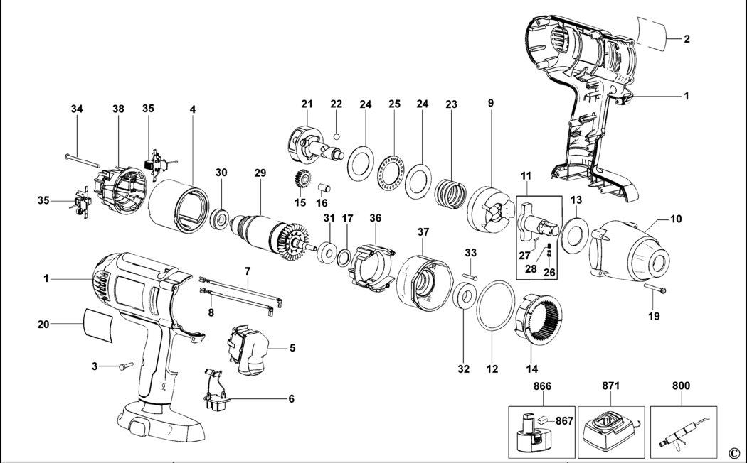 Dewalt DW059K Type 1 Impact Wrench Spare Parts