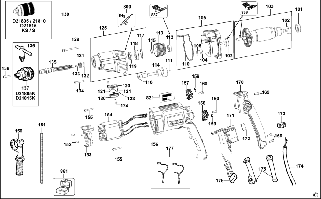 Dewalt D21810 Type 1 Drill Spare Parts