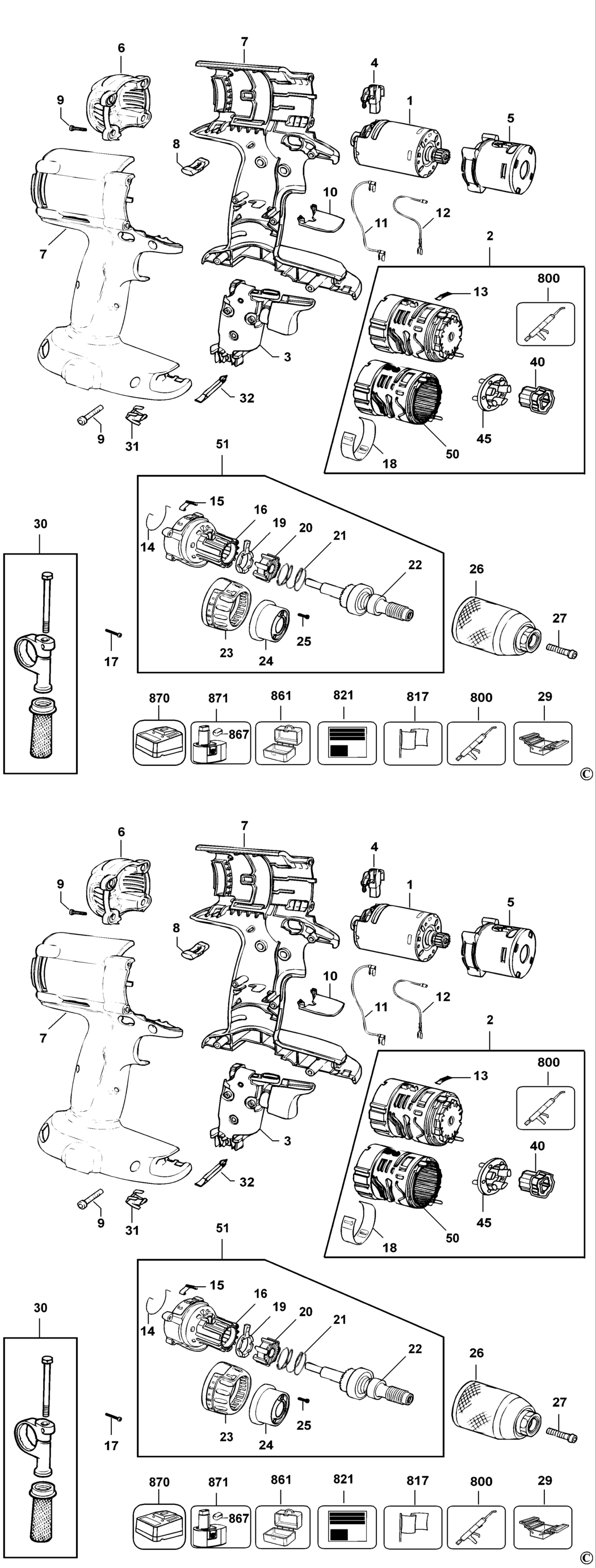 Dewalt DC988K Type 1 Combination Unit Spare Parts