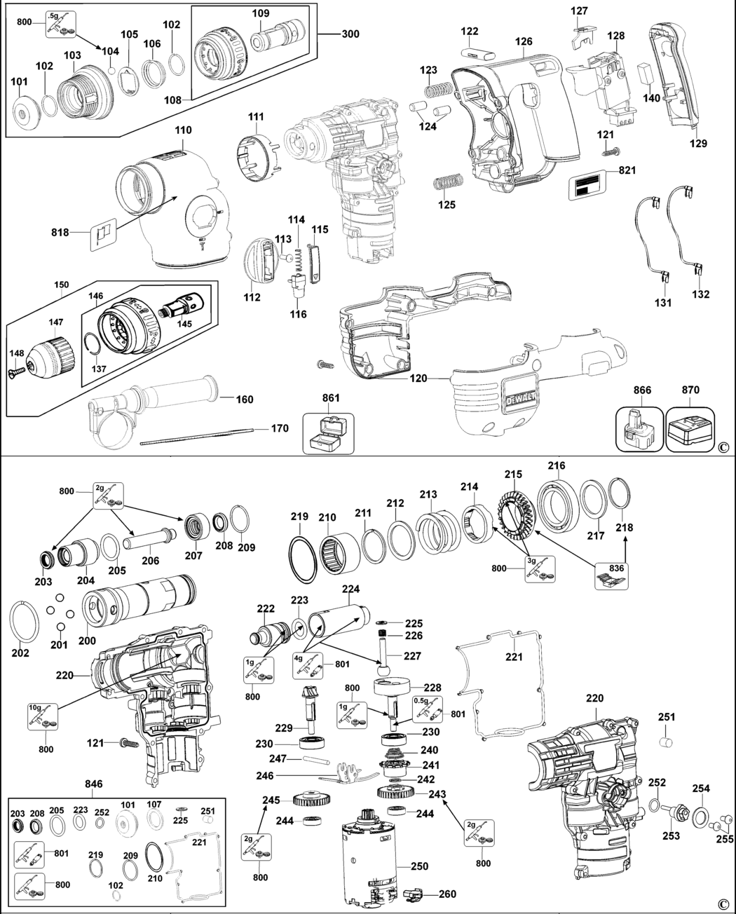 Dewalt DC210K Type 1 Rotary Hammer Spare Parts