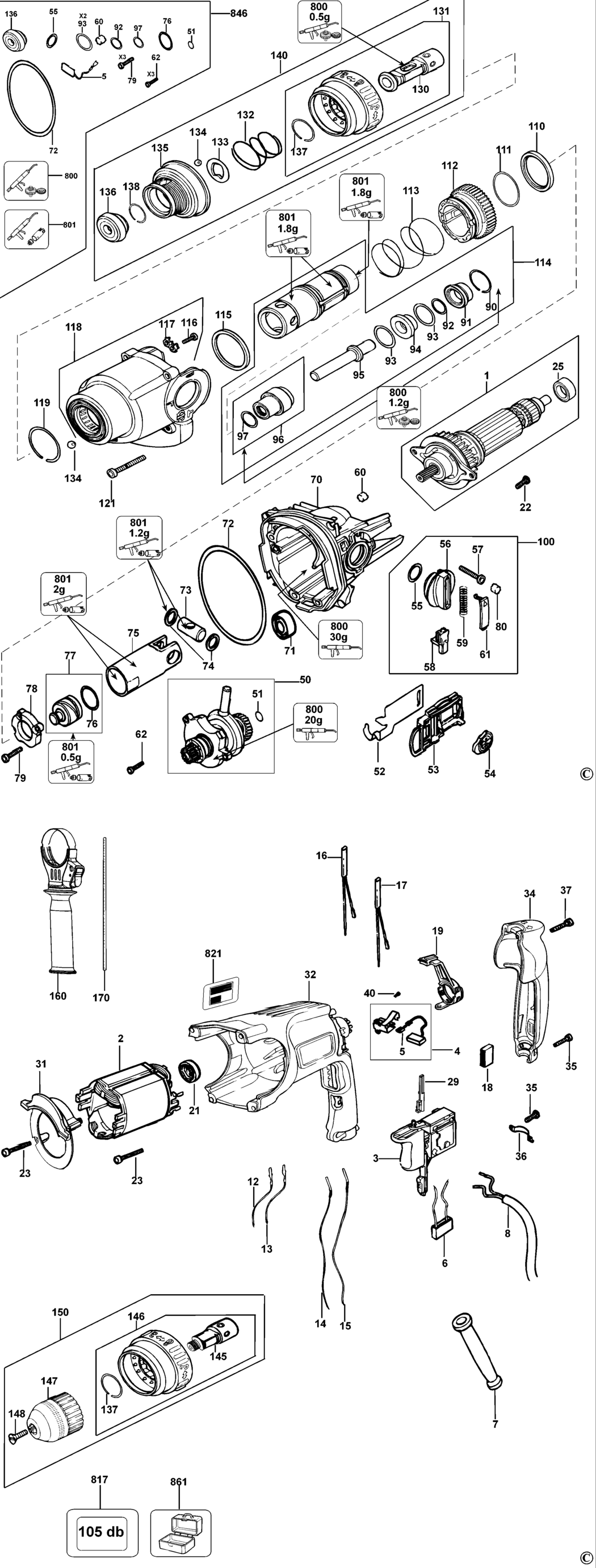 Dewalt D25114K Type 1 Rotary Hammer Spare Parts