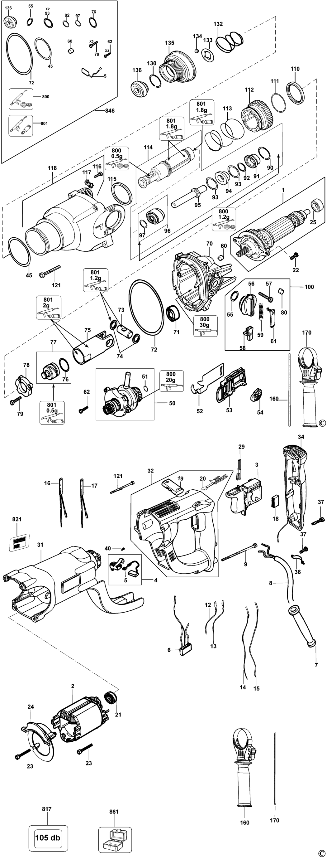 Dewalt D25213K Type 1 Rotary Hammer Spare Parts