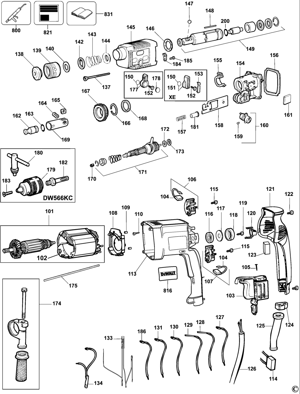 Dewalt DW566K Type 3 Rotary Hammer Spare Parts