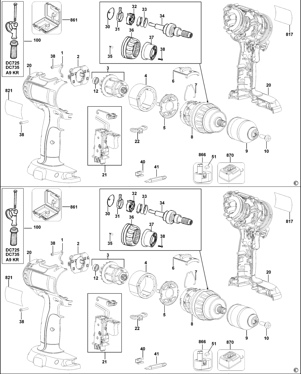 Dewalt DC735K Type 10 Cordless Drill Spare Parts