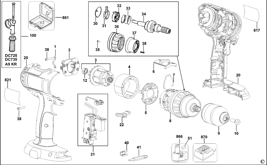 Dewalt DC727K Type 11 Cordless Drill 18v Li-ion Spare Parts