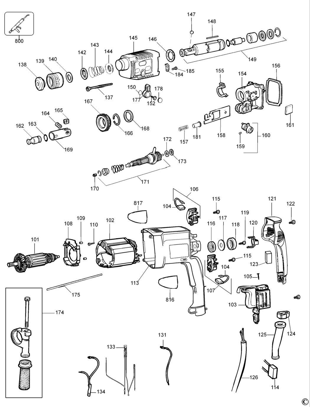 Dewalt D25003K Type 2 Rotary Hammer Spare Parts