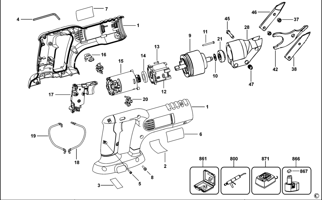 Dewalt DC490-XE Type 1 Cordless Shear Spare Parts