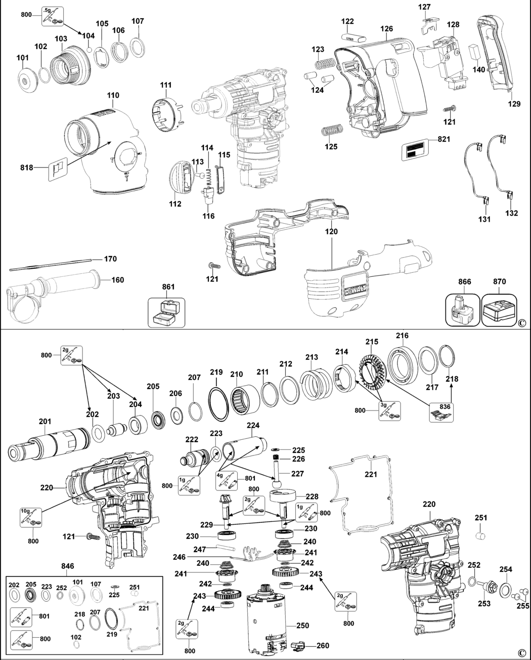 Dewalt DC213KL Type 1 Rotary Hammer Drill Spare Parts