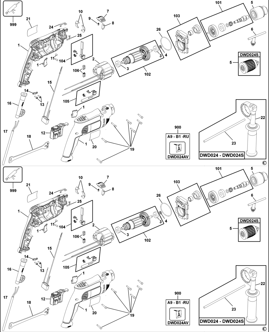 Dewalt DWD024 Type 1 Drill Spare Parts