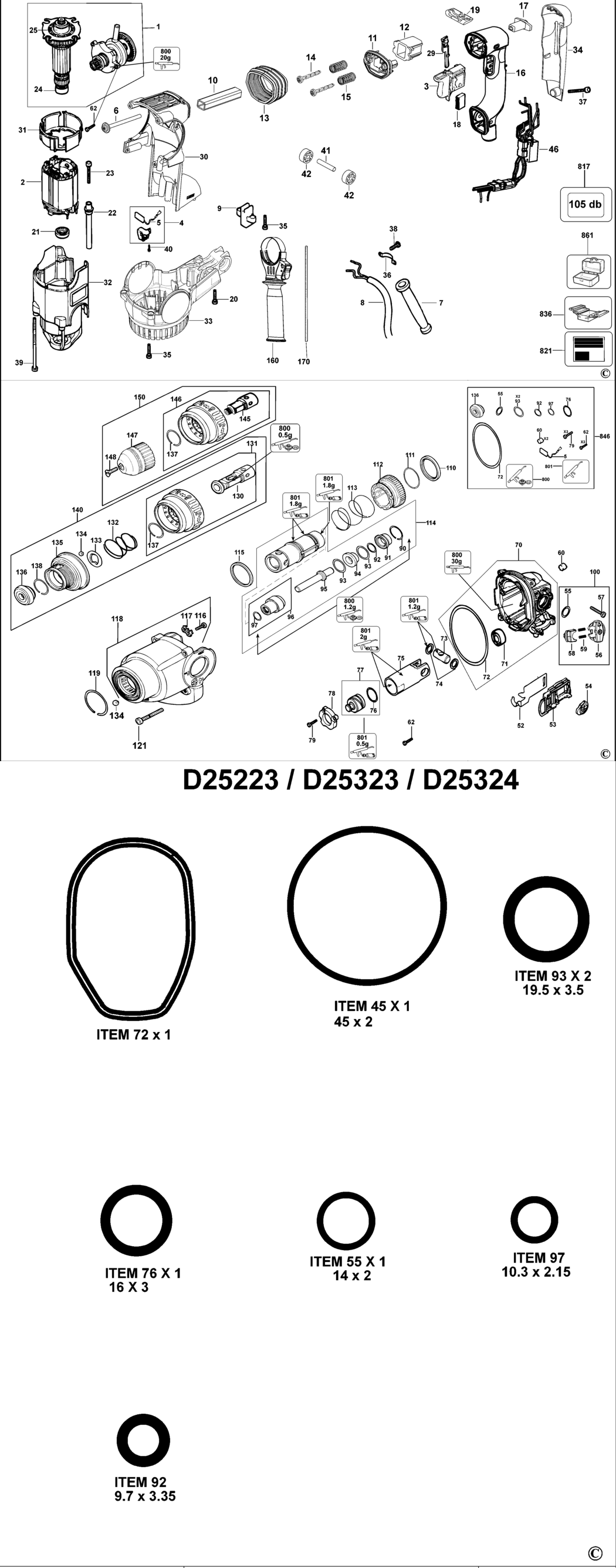 Dewalt D25324K Type 1 Rotary Hammer Spare Parts