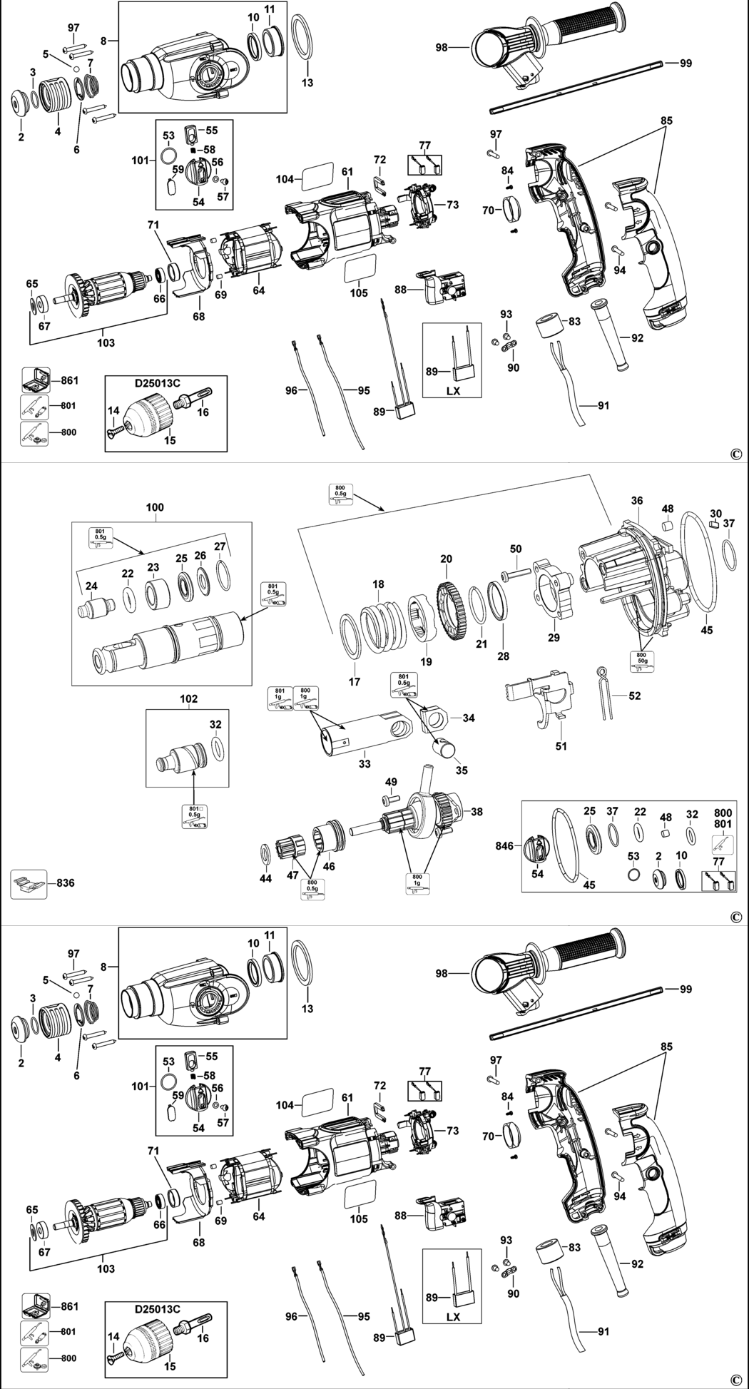 Dewalt D25013K Type 1 Rotary Hammer Spare Parts