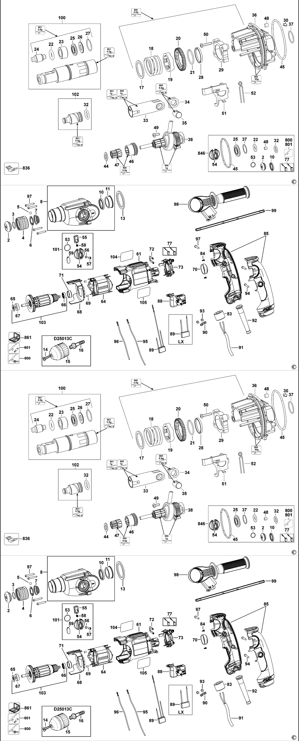 Dewalt D25012K Type 1 Rotary Hammer Spare Parts