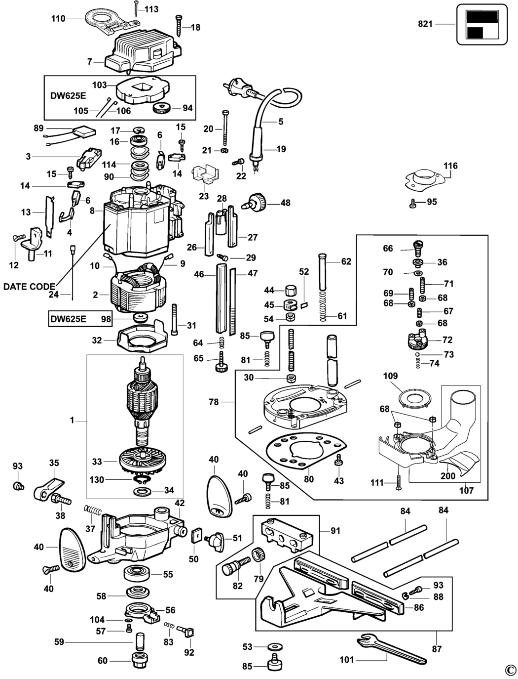 Dewalt DW625E Type 6 Router Spare Parts