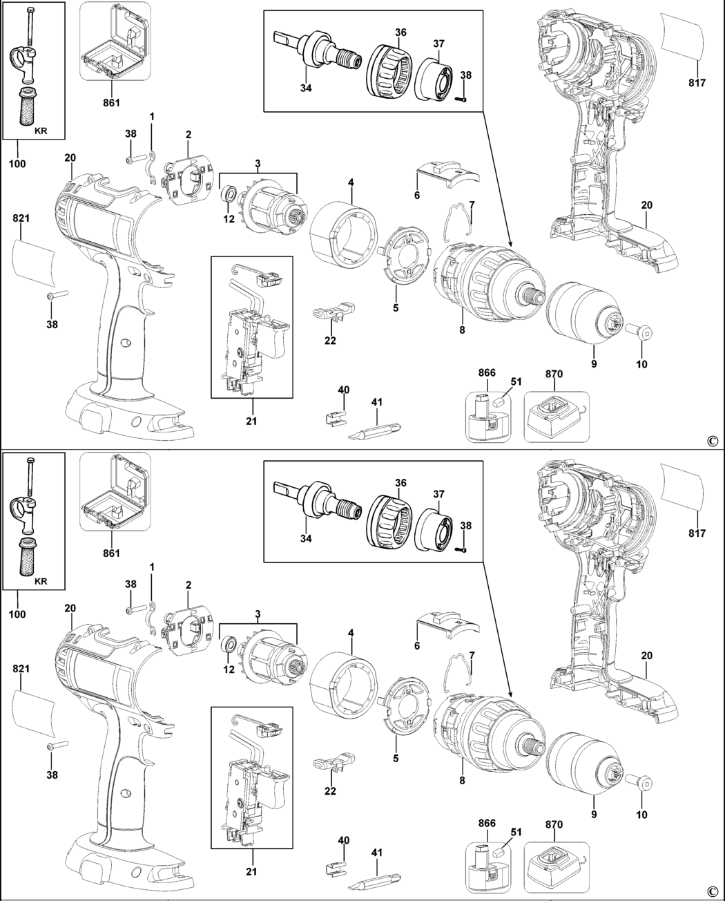 Dewalt DC732K Type 1 Cordless Drill Spare Parts