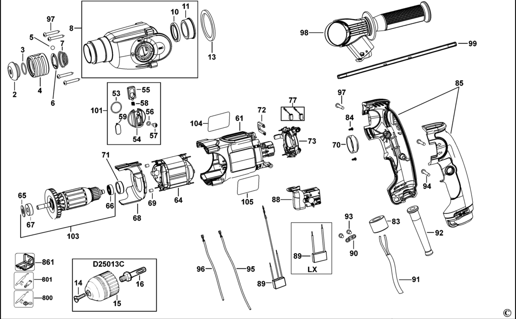 Dewalt D25011K Type 1 Rotary Hammer Spare Parts