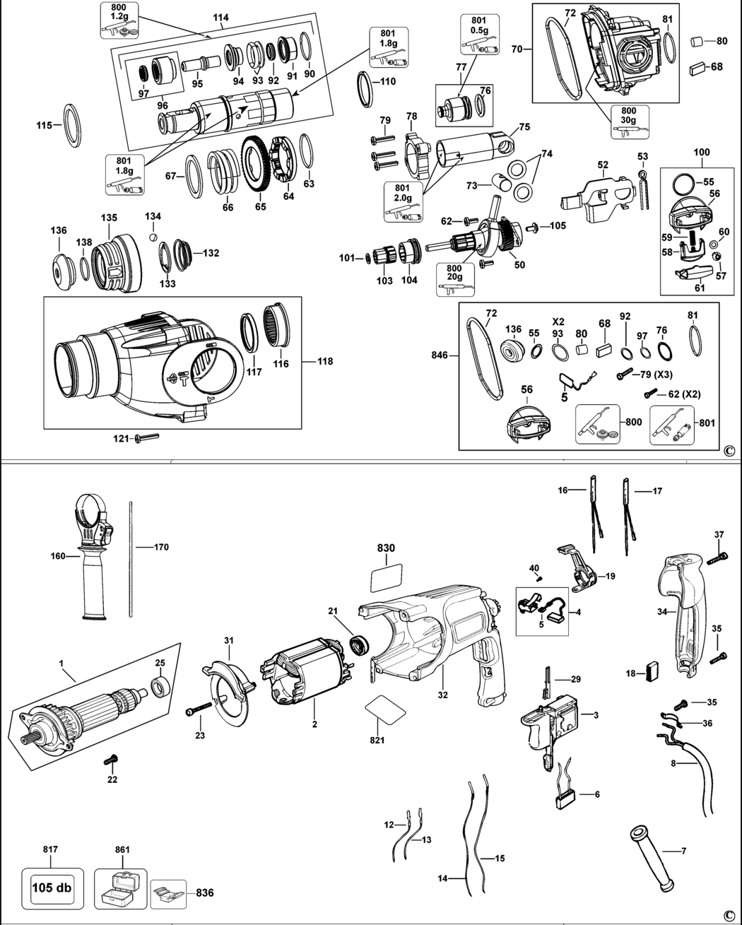Dewalt D25123K Type 1 Rotary Hammer Spare Parts