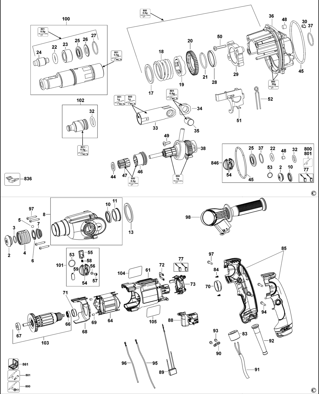 Dewalt DWEN101K Type 1 Rotary Hammer Spare Parts