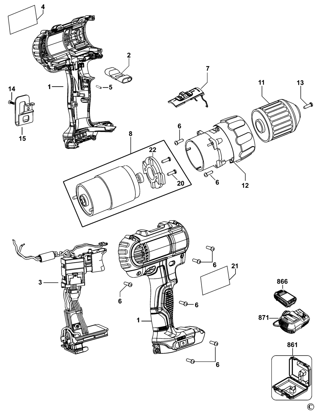 Dewalt DCD733 Type 1 Cordless Drill Spare Parts