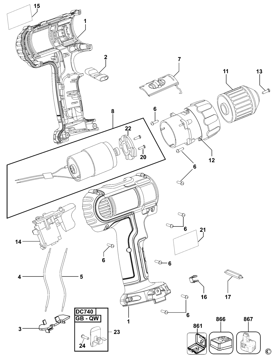 Dewalt DC750 Type 3 - EU C'less Drill/driver Spare Parts