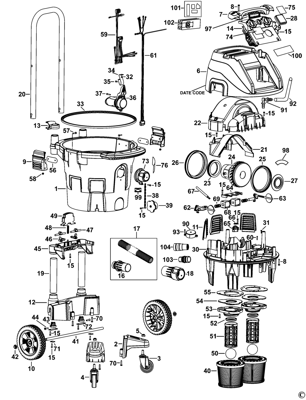 Dewalt DWV902M Type 1 Dust Extractor Spare Parts