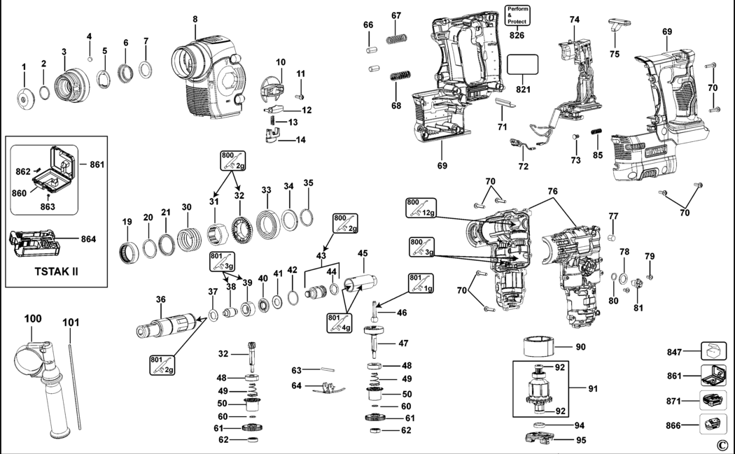 Dewalt DCH253 Type 1 Rotary Hammer Spare Parts