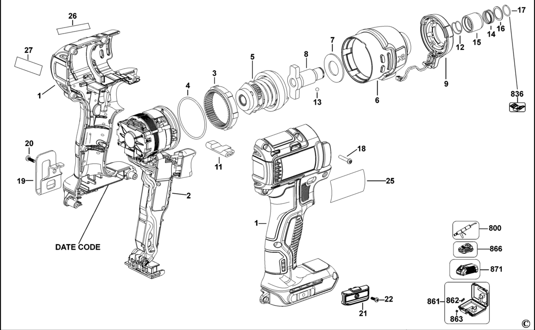 Dewalt DCF886 Type 1 Impact Driver Spare Parts