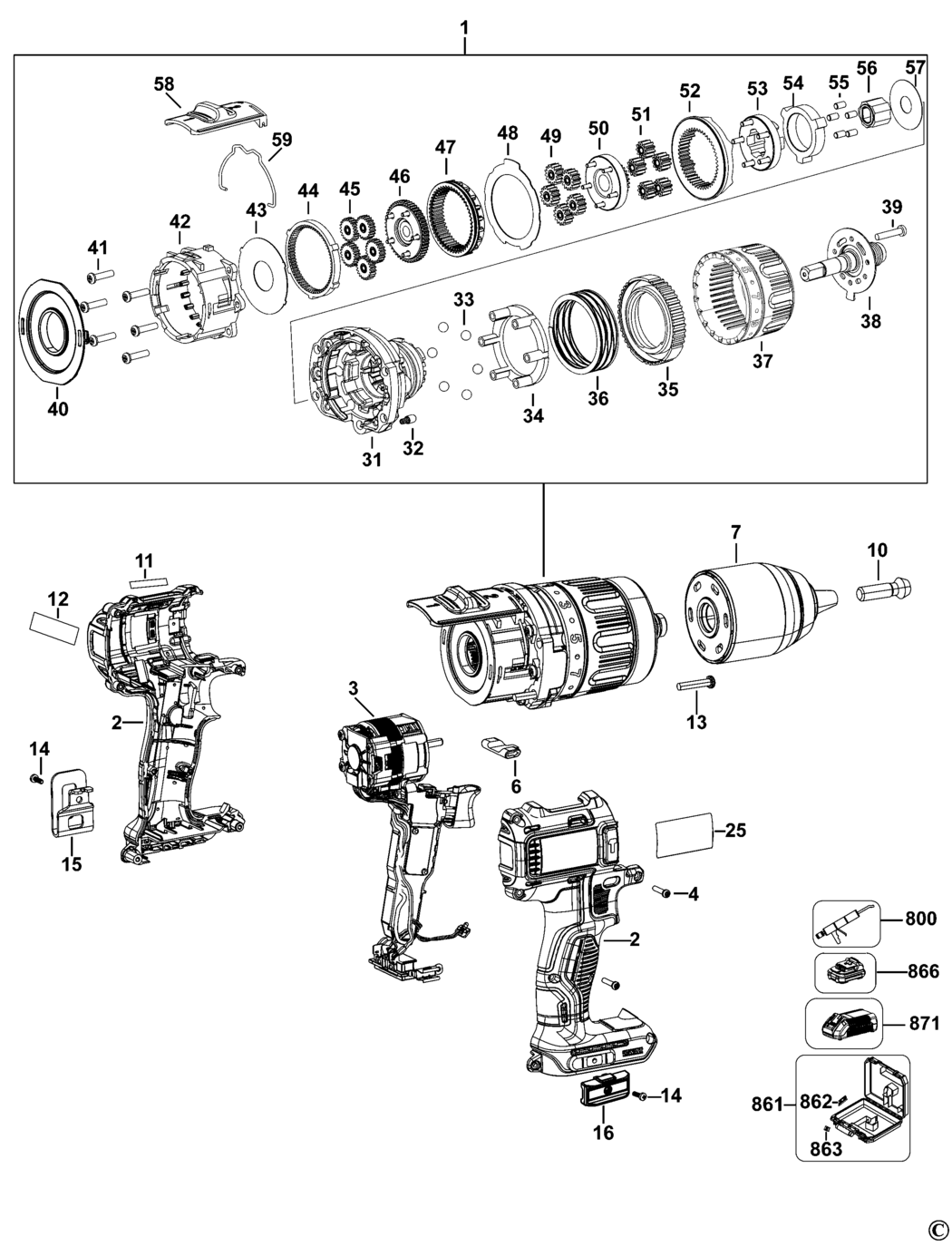 Dewalt DCD732 Type 1 Cordless Drill Spare Parts