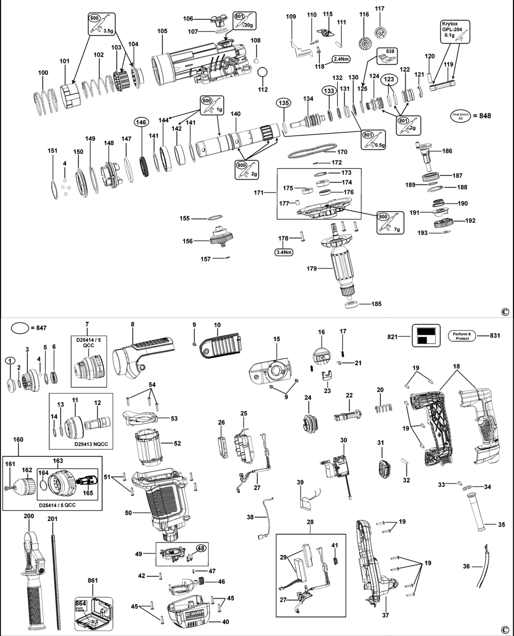 Dewalt D25415K Type 1 Rotary Hammer Spare Parts