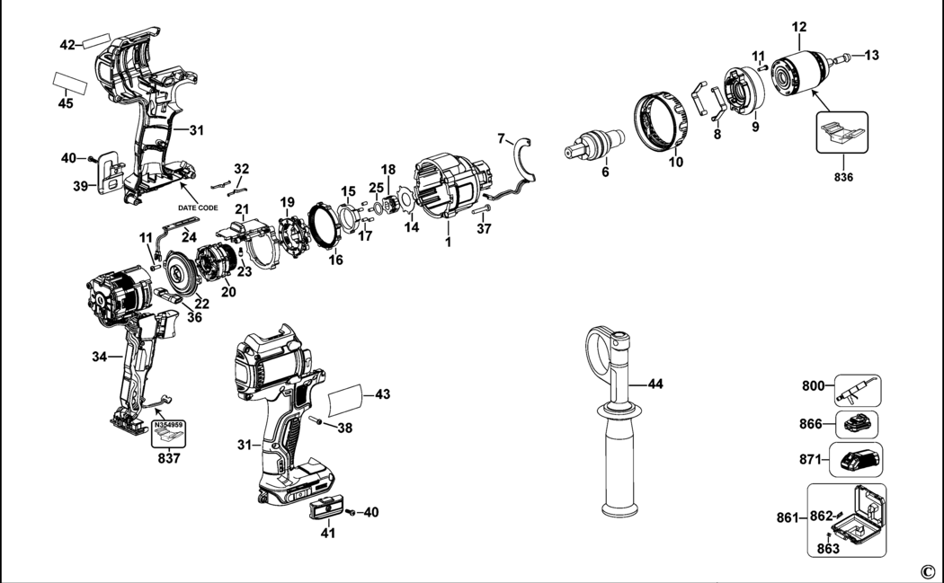 Dewalt DCD932 Type 1 Cordless Drill Spare Parts
