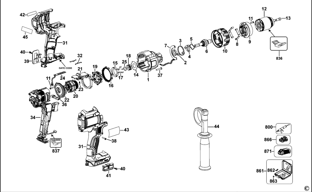 Dewalt DCD937 Type 1 Cordless Drill Spare Parts