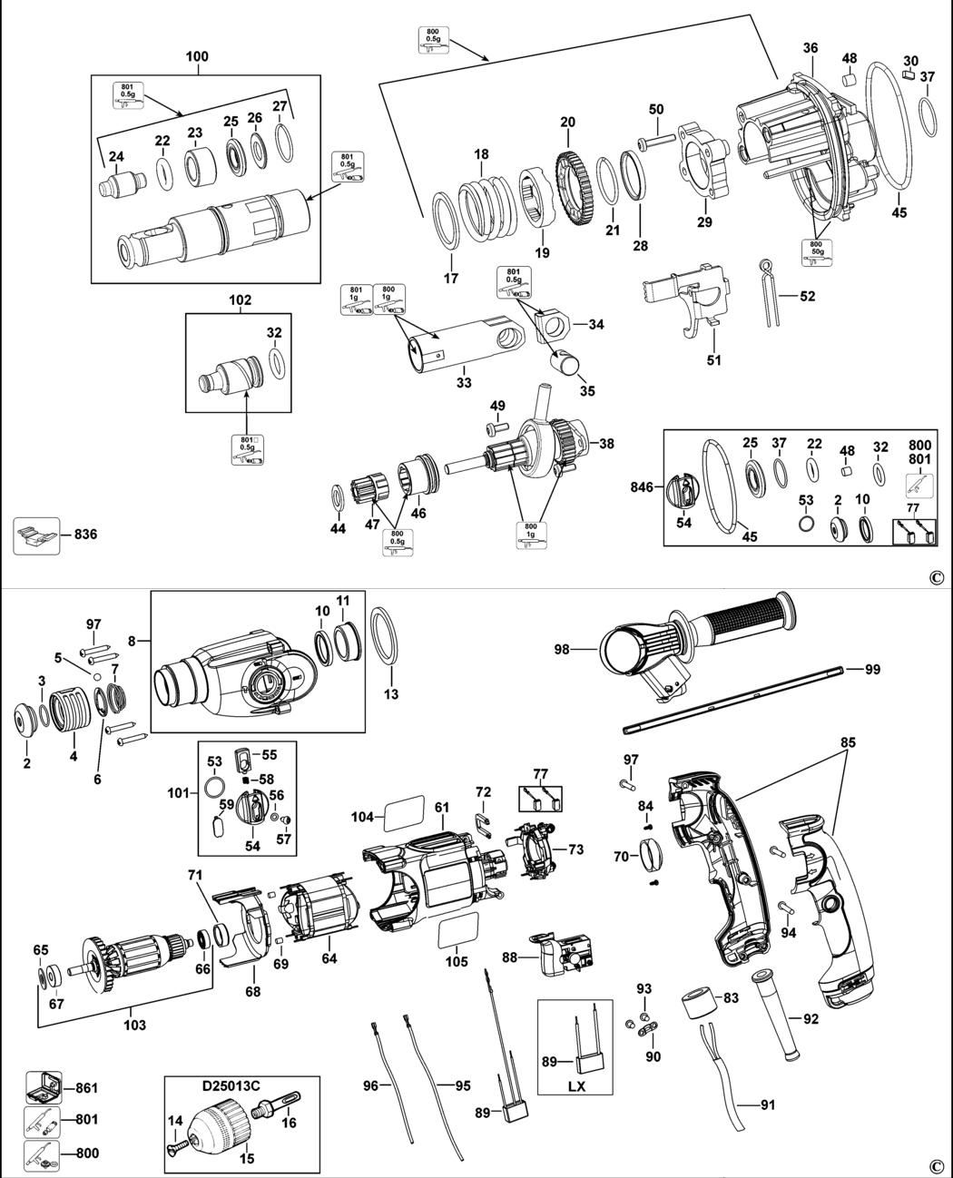 Dewalt D25012K Type 10 Rotary Hammer Spare Parts