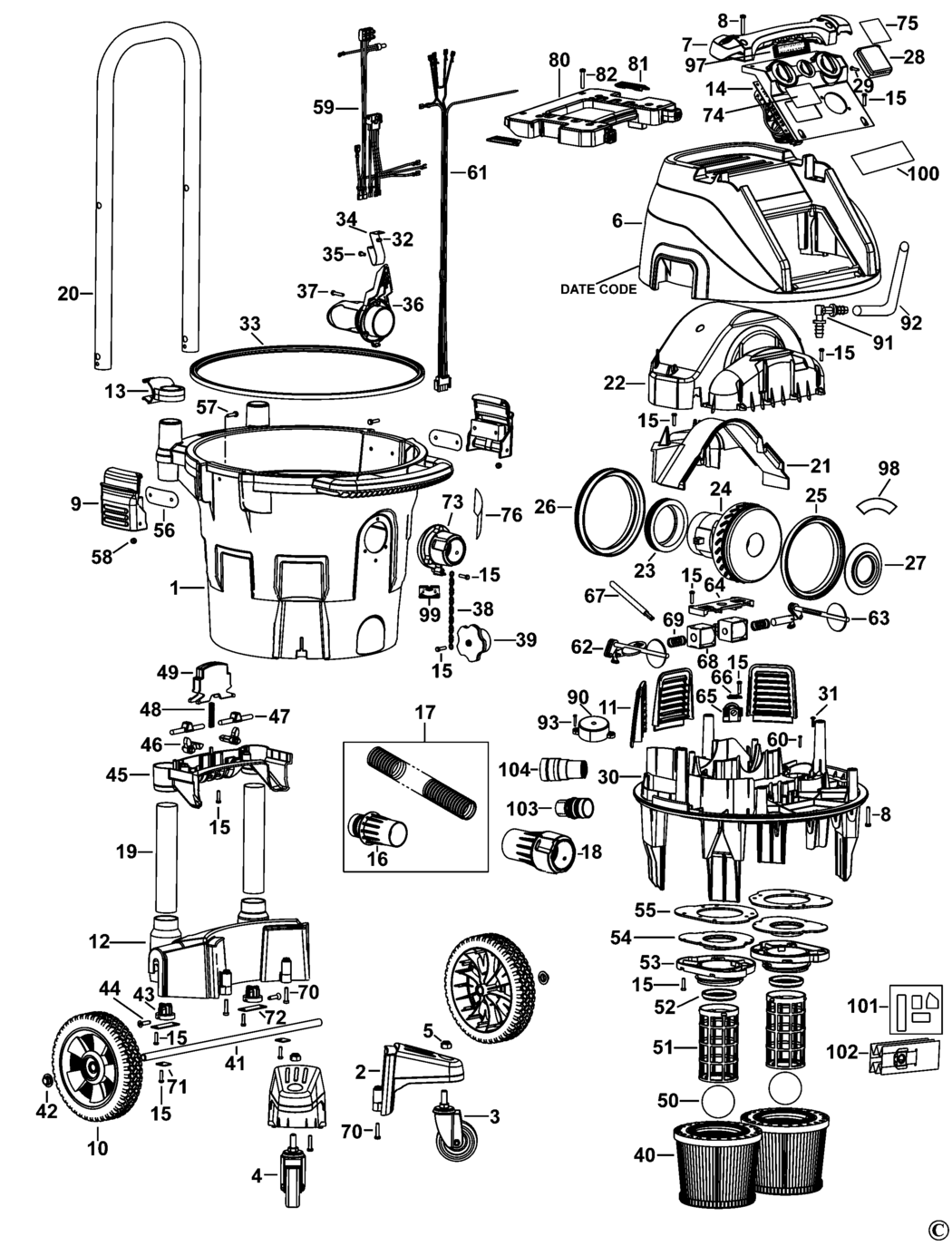 Dewalt DWV902MT Type 1 Dust Extractor Spare Parts