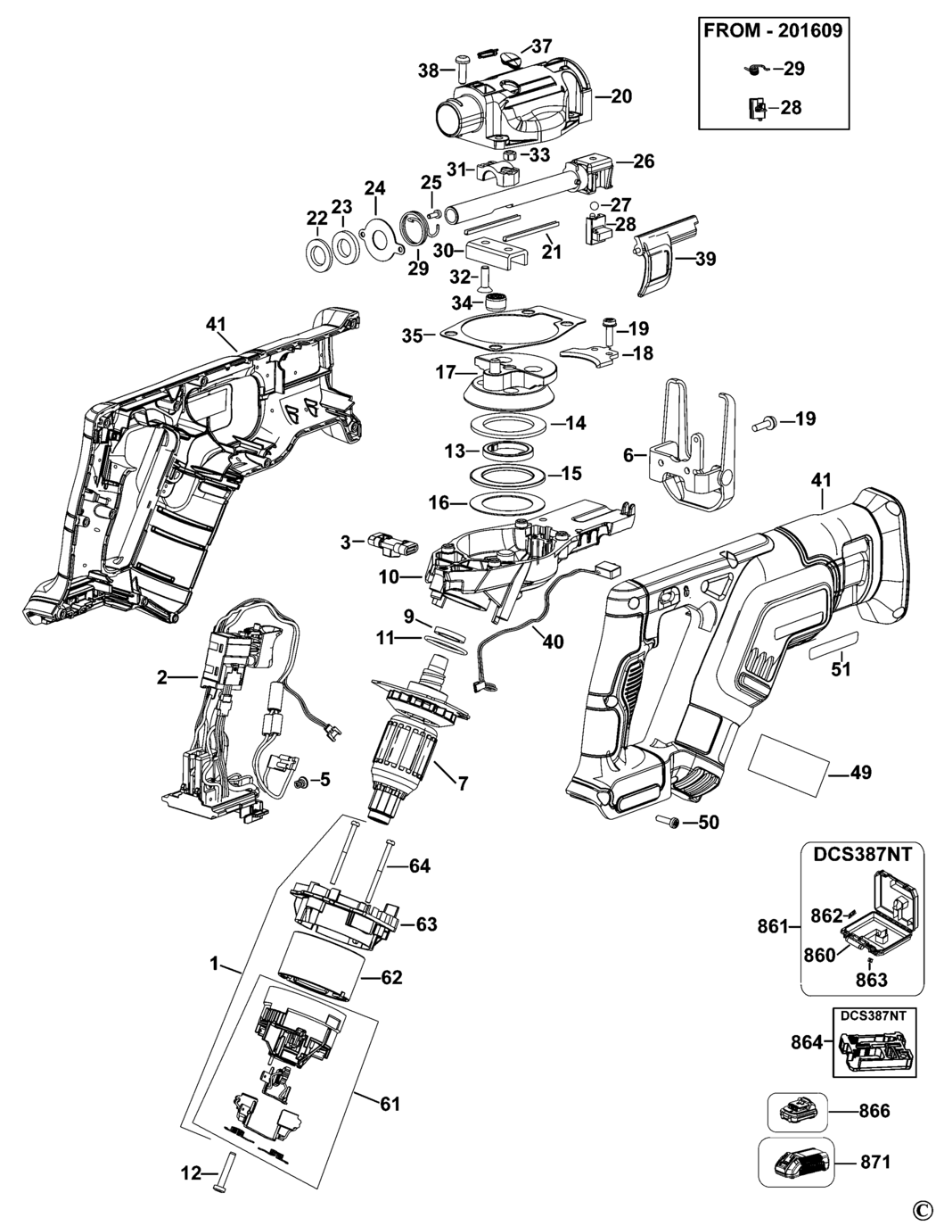 Dewalt DCS387 Type 1 Cordless Reciprocating Saw Spare Parts