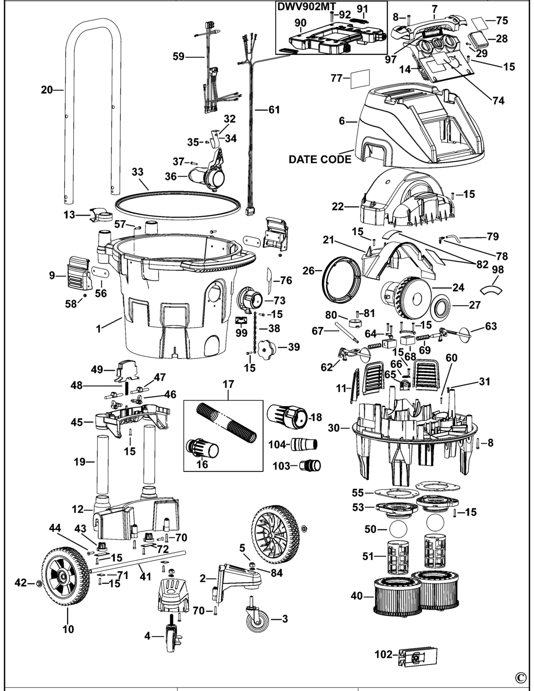 Dewalt DWV902M Type 2 Dust Extractor Spare Parts