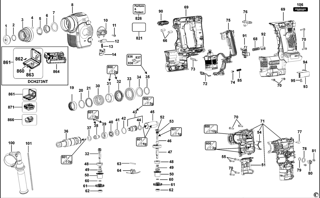 Dewalt DCH273 Type 1 Rotary Hammer Spare Parts