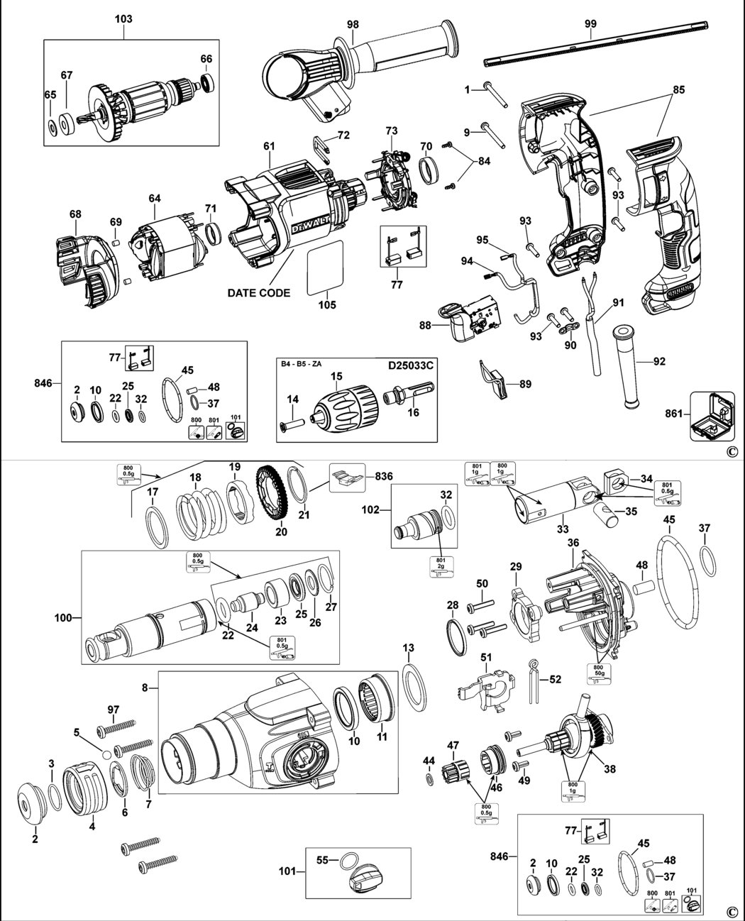 Dewalt D25033 Type 1 Rotary Hammer Spare Parts