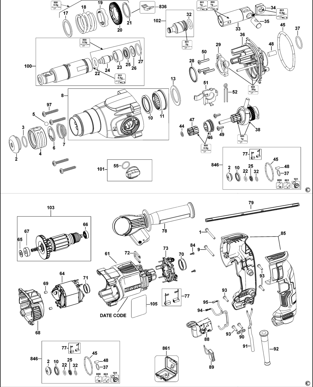 Dewalt D25133 Type 1 Rotary Hammer Spare Parts