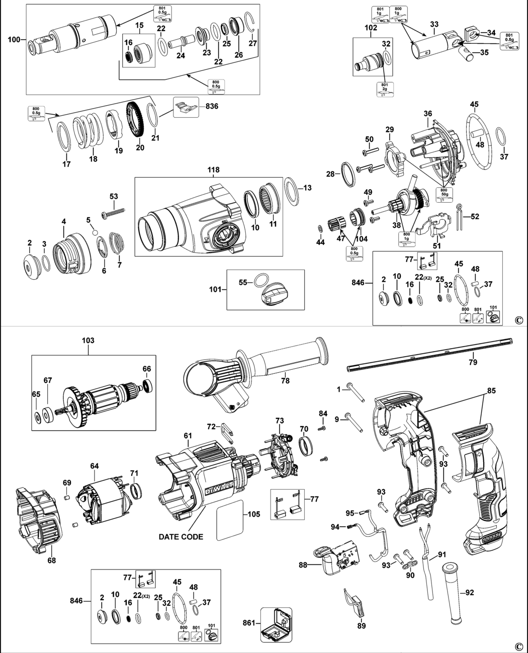 Dewalt D25143 Type 1 Rotary Hammer Spare Parts