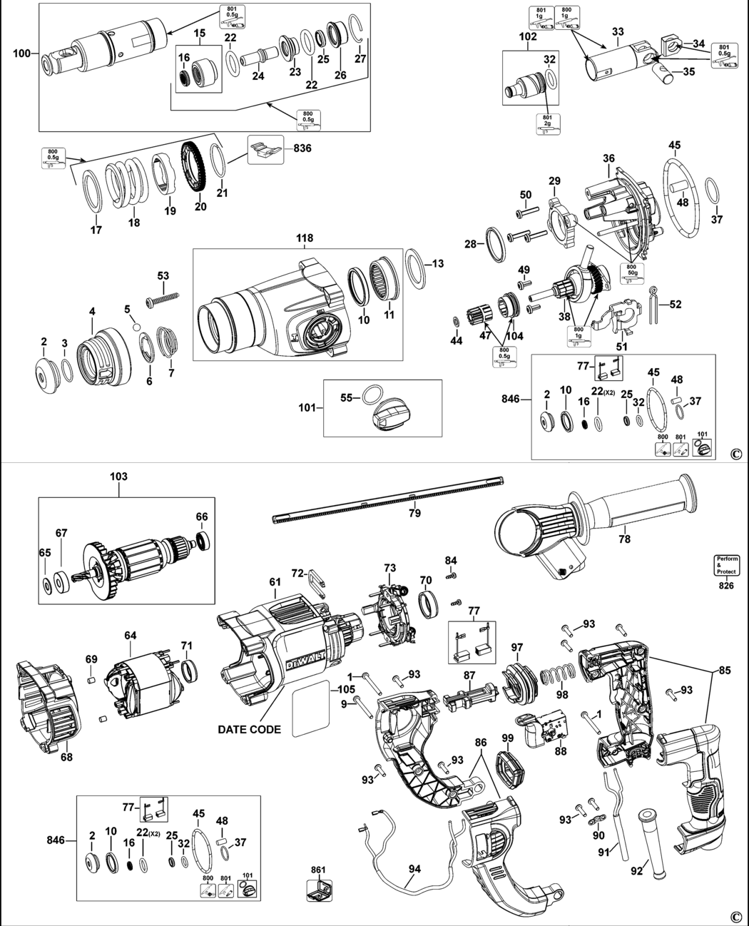 Dewalt D25262 Type 1 Rotary Hammer Spare Parts