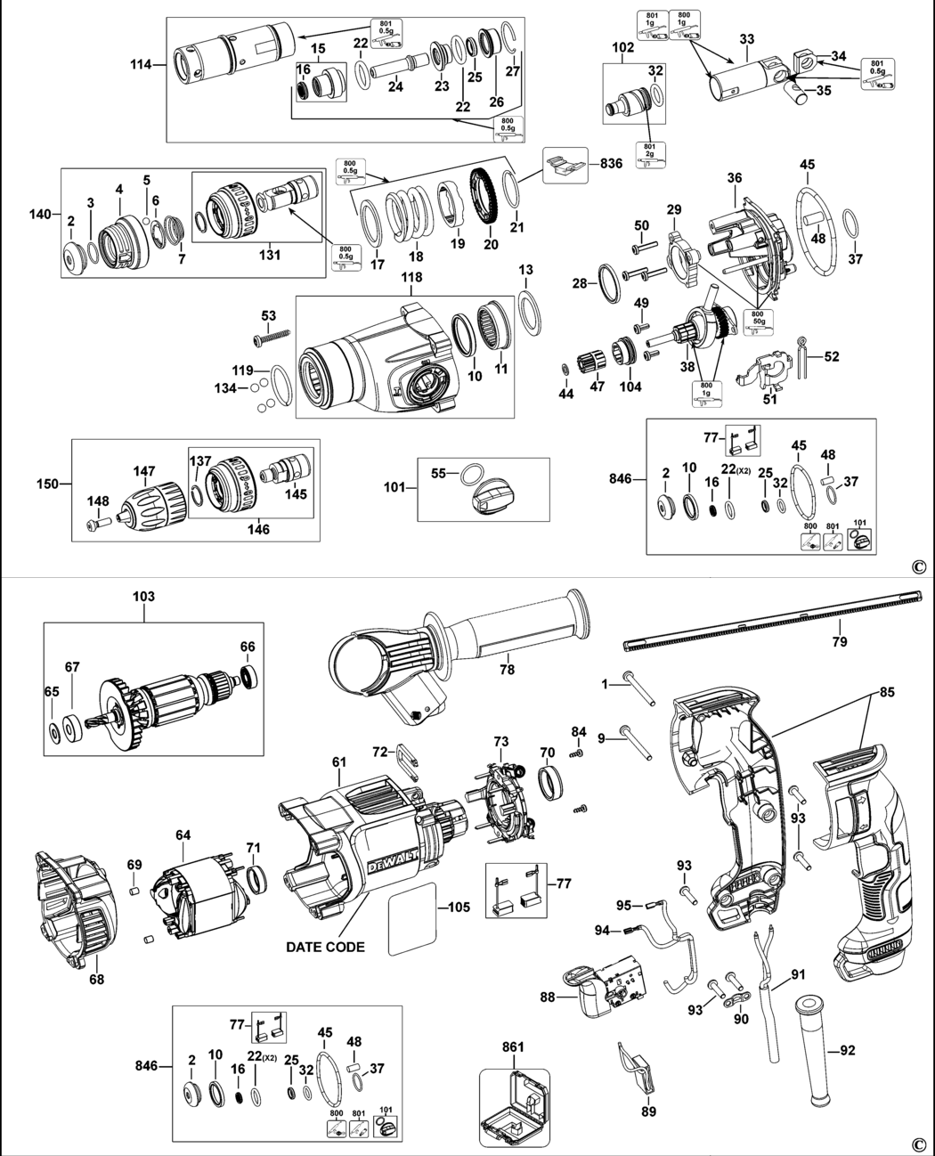 Dewalt D25134 Type 1 Rotary Hammer Spare Parts