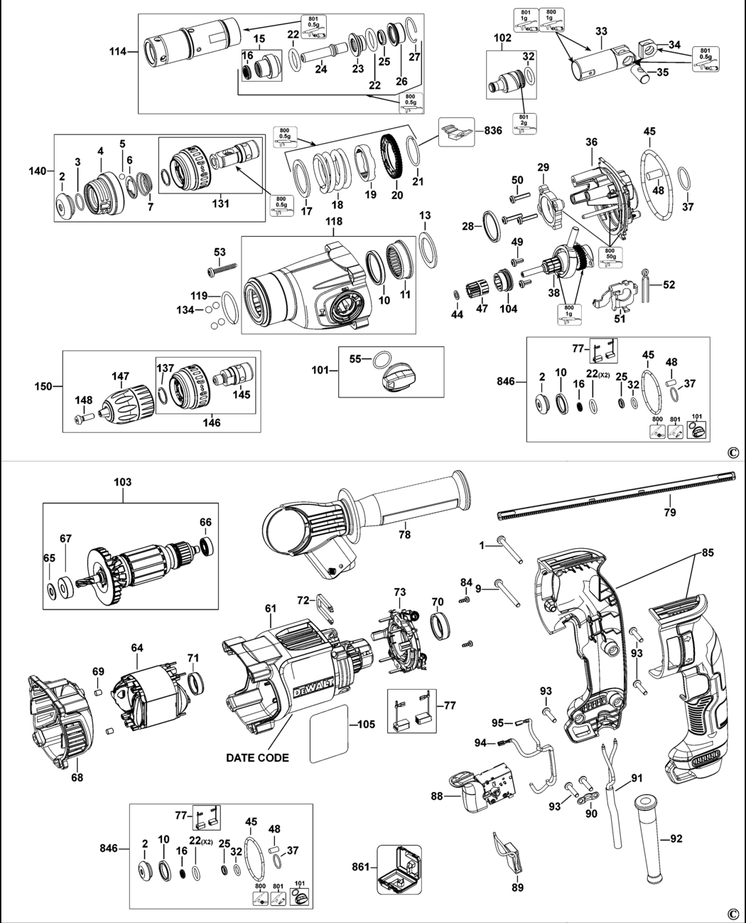 Dewalt D25144 Type 1 Rotary Hammer Spare Parts