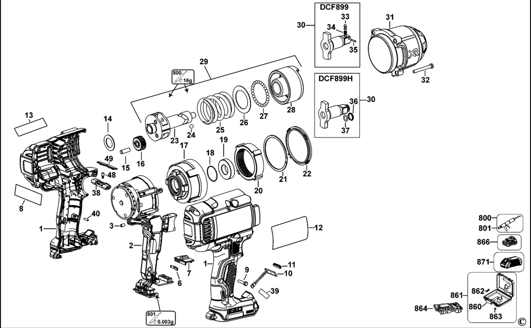 Dewalt DCF899 Type 1 Impact Wrench Spare Parts