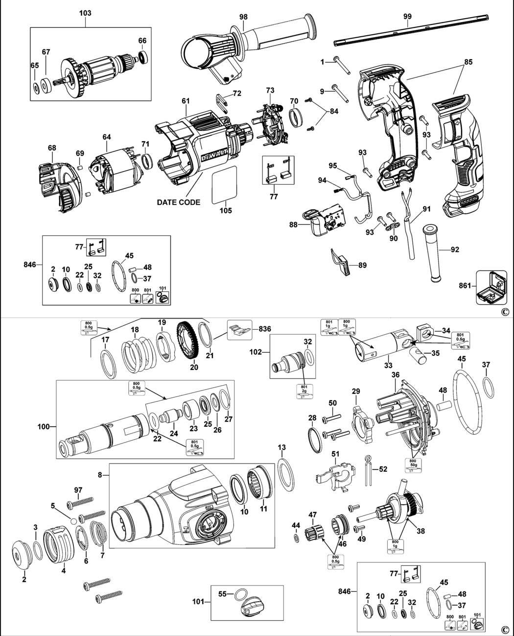 Dewalt D25033 Type 10 Rotary Hammer Spare Parts