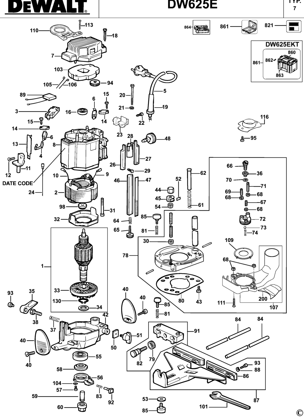 Dewalt DW625E Type 7 Plunge Router Spare Parts