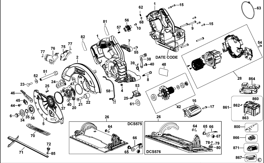 Dewalt DCS575 Type 1 Cordless Circular Saw Spare Parts